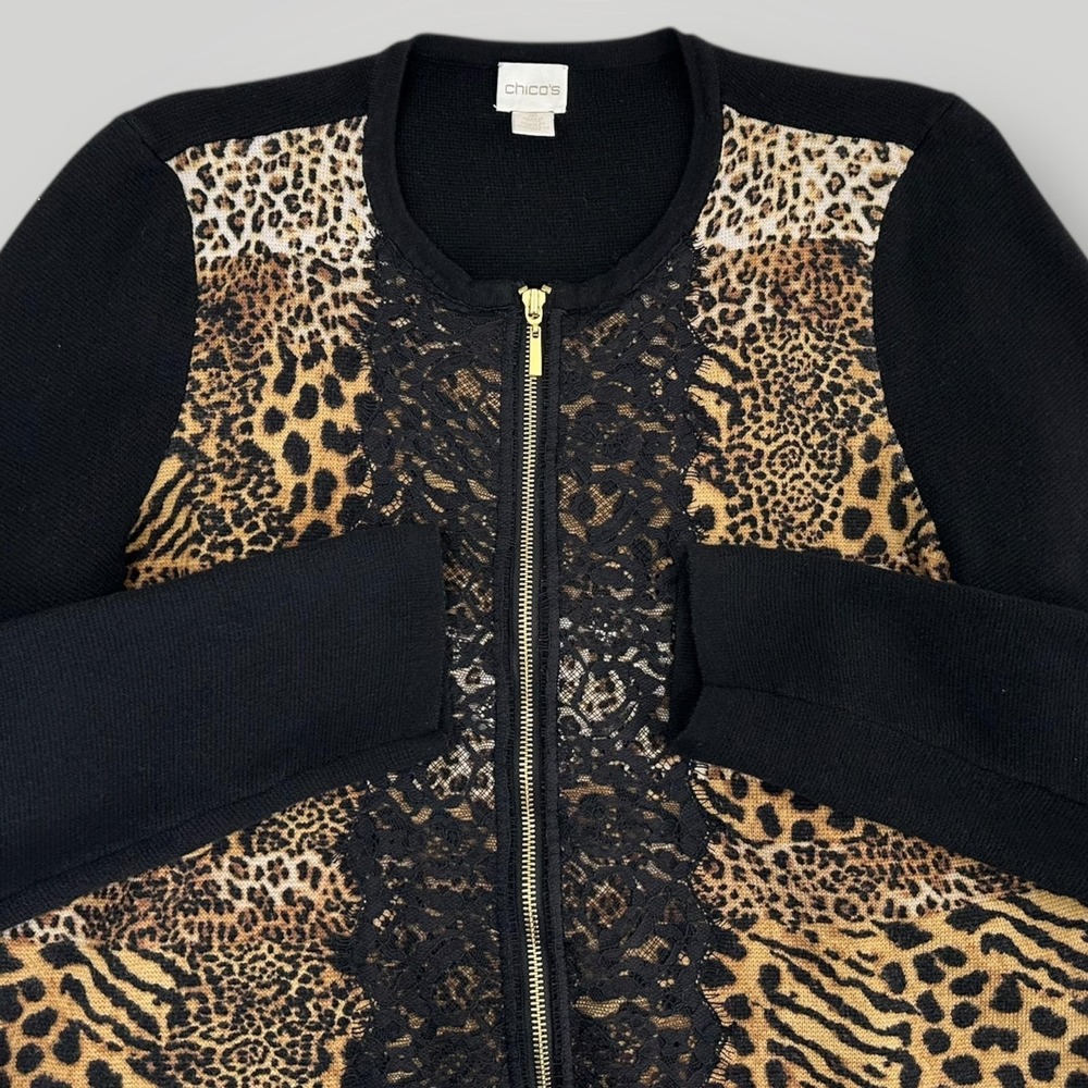 Chicos Cardigan Womens L Black Leopard Lace Front Full Zip Knit Sweater Jacket